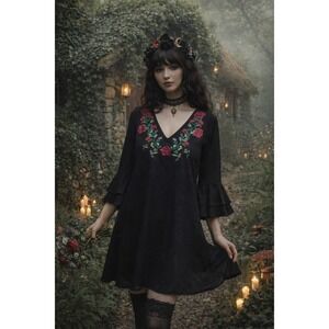 Whimsigoth Cottage Fairy Altar'd State Embroidered Floral Mini Dress Etheral M